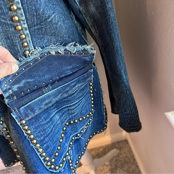 ADORE Western Denim Studded Jean Jacket Blazer, Military style, Large - Picture 10 of 13